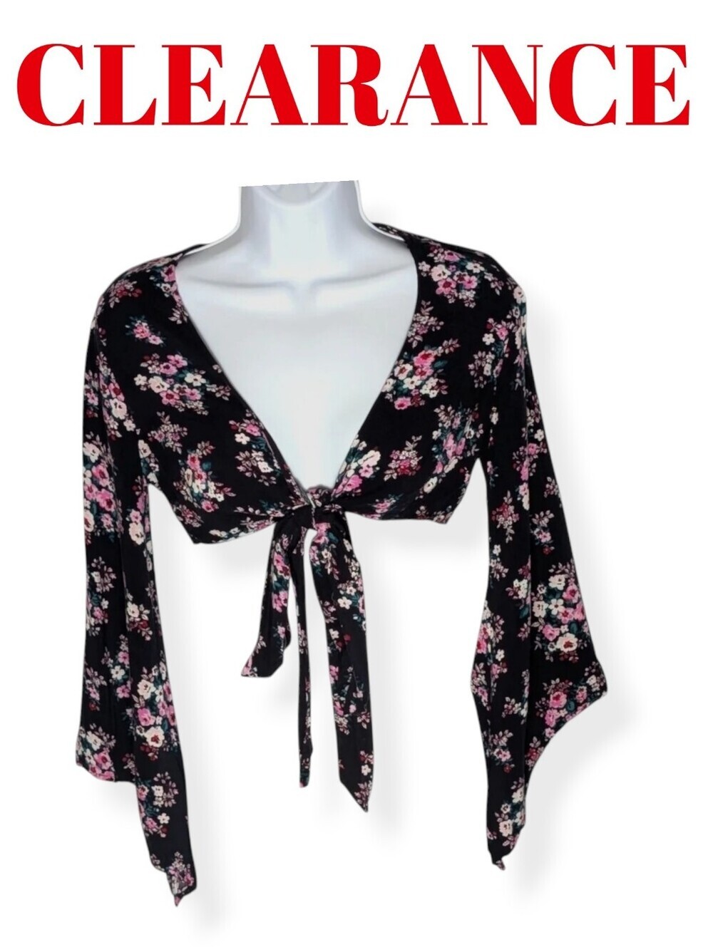 Forever 21 Black Floral Hippie Boho Cottagecore Crop Top Bell Sleeve Festival